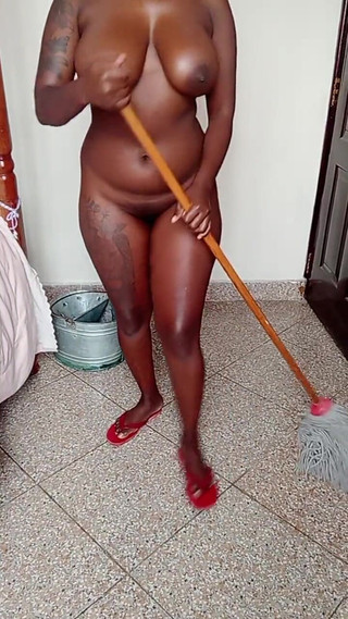 Hanifasexy Undresses & Shows Her Fat Black Ass with Asshole & Pussy Wide Open While Moping the Floor
