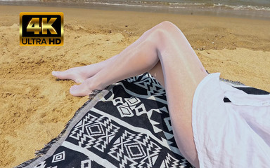 838 Shiny White Pantyhose on the Beach