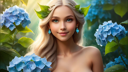 Nude Beauty Holding Sky-blue Hydrangea Jade Green Diamond Elegance Artistic Ai Slideshow