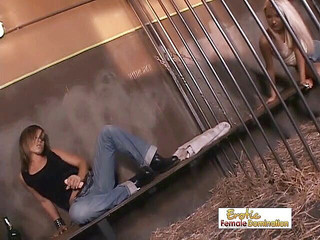 Brunette lezdom beauty strapon slamming blonde babe