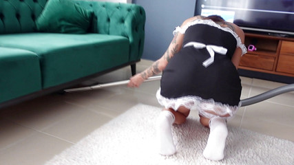 Fucked a sexy maid hard and cum on her uniform