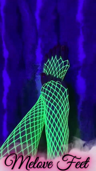 Tiny Asian Feet with Long Toes in Green Neon Fishnet