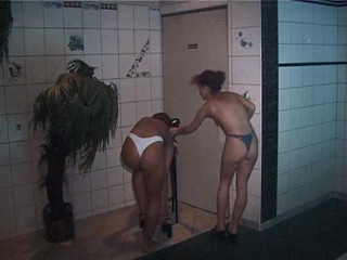 Vintage Redhead and Brunette Skinny Babes Showering Together