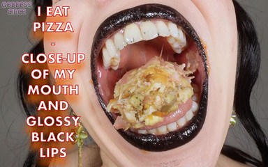 I Eat Pizza Close up of My Mouth and Glossy Black Lips