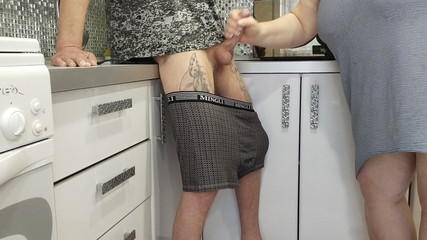 Mother-in-law Sucks My Dick in the Kitchen and I Cum in Her Mouth