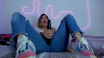 Sexy Blonde Having an Amazing Orgasm with Her Vibrator and Squirting in Her Blue Jeans