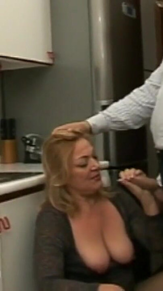 Horny blonde milf wife loves getting her pussy pounded by her husband while cooking dinner in the kitchen in the pots