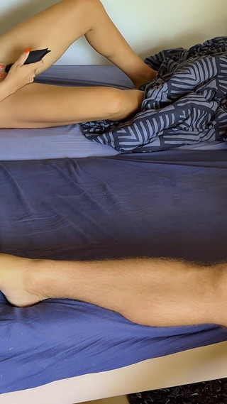 Wife Opened Her Eyes and Noticed, That She Is Not Alone in Room so She Started to Masturbate Together with Stranger Guy