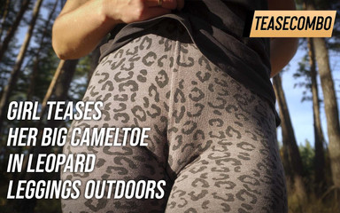 Girl Teases Her Big Cameltoe in Leopard Leggings Outdoors