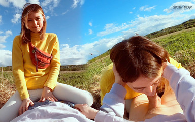 Oral creampie for young girl outdoors