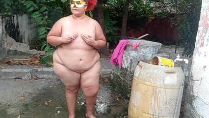 My Whore Stepmother Takes a Shower in the Patio