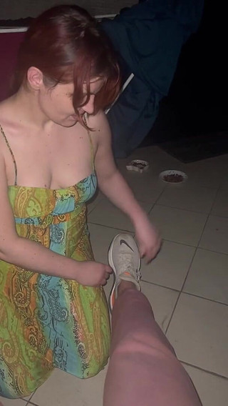 Licking feet, kicking, blowjob on the terrace
