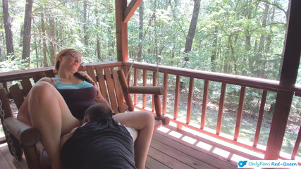 Outdoor Porch Swinging Blow Job and Pussy Licking with Ginger MILF Wife with Long Braided Hair