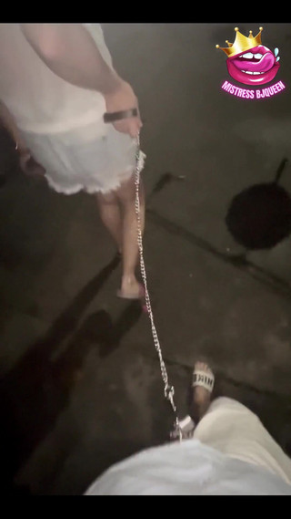 Late Night Stroll with My Locked Chastity Subs Caged Cock Exposed and on a Leash