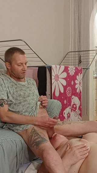 Stepmom with Big Tits Licks My Balls and I Jerk off My Cock and Cum in Her Mouth and on Her Face