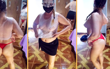 Undressing, Black Skirt, Transparent White Blouse and Red Panties