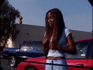 Young ebony with small tits gets some white cock banging by the pool