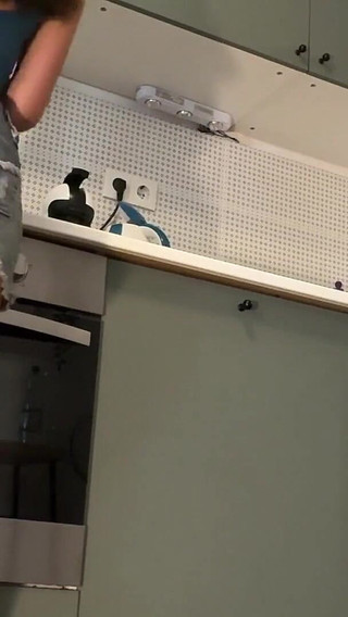 Two Beautiful Horny Tight Hot Sexy Raver Girls in Denim Skirt and Latex Mini Skirt Share the Same Kitchen