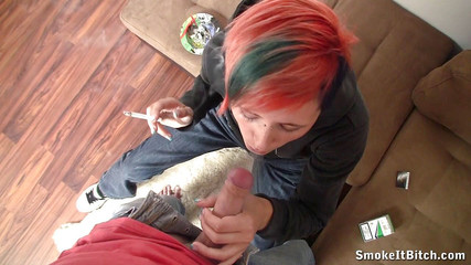 Sweet chick smokes her cigarette and his dick in POV