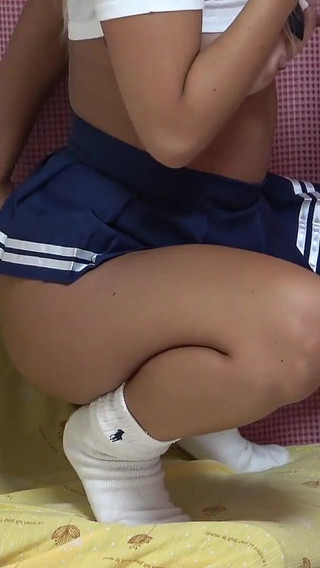 Big Tits, Thigh, Leg, Thong, Camel Toes of Tanned Japanese Girl in Miniskirt Uniform in Apartment, Observed From Under the Desk