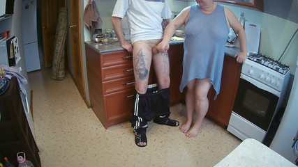 manual stimulation of my penis before cumshot in the morning in the kitchen